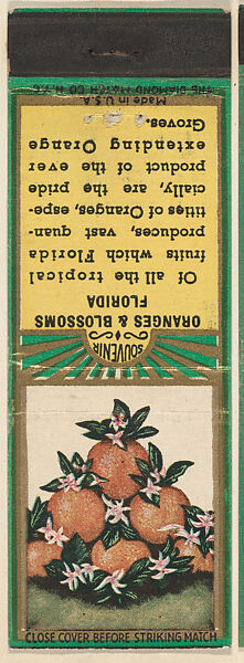 Oranges and Blossoms from Florida, Souvenir Views Match Cover series (U40.5), The Diamond Match Company, Printed matchbook 