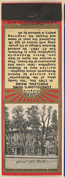 Longfellow's Home, Portland from New England, Souvenir Views Match Cover series (U40.7), The Diamond Match Company (American, founded 1881), Printed matchbook 