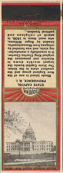 Capitol of Rhode Island from New England, Souvenir Views Match Cover series (U40.7), The Diamond Match Company, Printed matchbook 