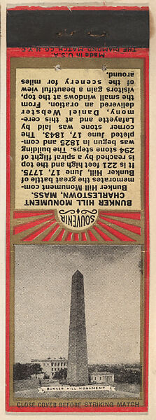 Bunker Hill Monument from New England, Souvenir Views Match Cover series (U40.7), The Diamond Match Company (American, founded 1881), Printed matchbook 