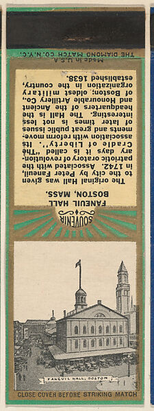Faneuil Hall, Boston from New England, Souvenir Views Match Cover series (U40.7), The Diamond Match Company, Printed matchbook 