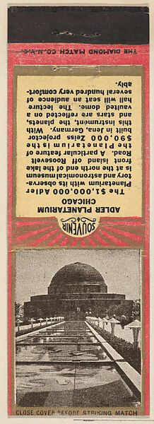 Adler Planetarium from Chicago, Souvenir Views Match Cover series (U40.3), The Diamond Match Company (American, founded 1881), Printed matchbook 