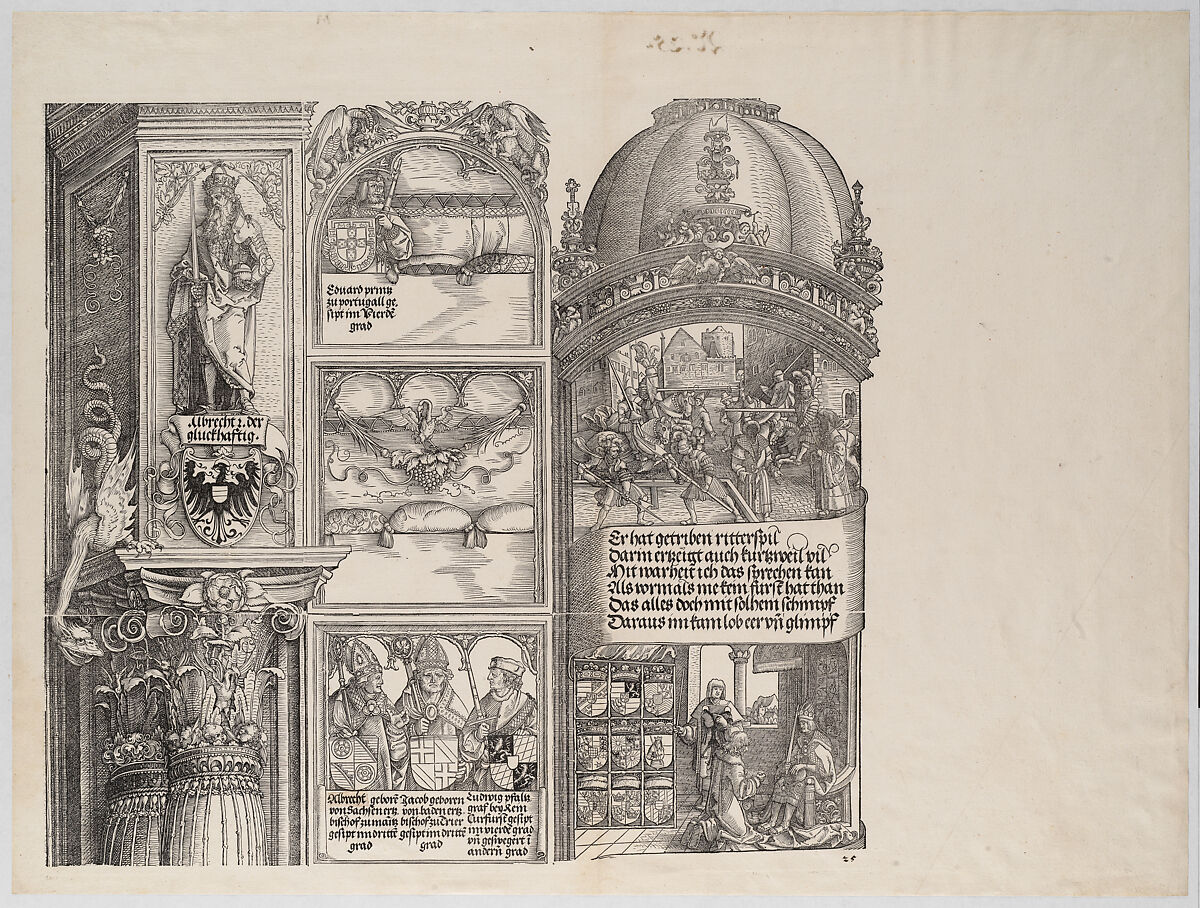 Tournaments and Masquerades; and Maximilian's Genealogical and Heraldic Studies; with a Statue of Albrecht the Lucky; and Portraits of Maximilian's Ancestors and Relatives,from the Arch of Honor, proof, dated 1515, printed 1517-18, Albrecht Altdorfer (German, Regensburg ca. 1480–1538 Regensburg), Woodcut and letterpress 
