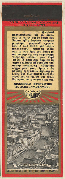 Downtown Milwaukee, Wis. from Milwaukee, Souvenir Views Match Cover series (U40.9), The Diamond Match Company, Printed matchbook 