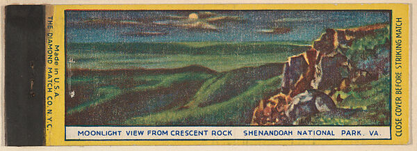 Moonlight View from Crescent Rock from Shenandoah National Park, Souvenir Views Match Cover series (U40.12), The Diamond Match Company, Printed matchbook 