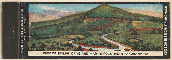 View of Skyline Drive and Mary's Rock, near Panorama, VA. from Shenandoah National Park, Souvenir Views Match Cover series (U40.12), The Diamond Match Company, Printed matchbook 