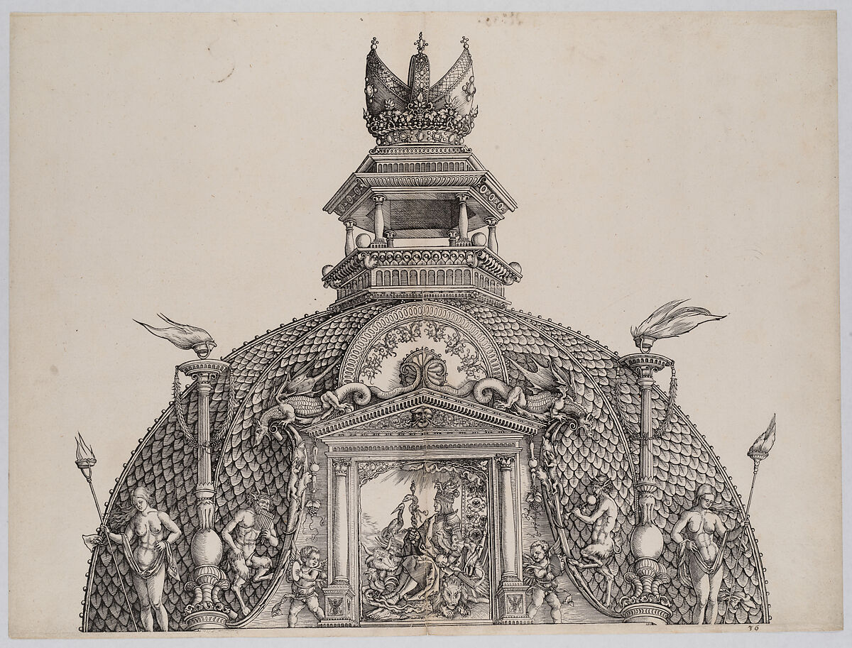 The Cupola and Imperial Crown on the Central Portal, from the Arch of Honor, proof, dated 1515, printed 1517-18, Hans Springinklee (German, ca. 1495–after 1522), Woodcut; proof 