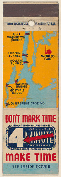 Don't Mark Time Make Time from Port Authority of N.Y., Souvenir Views Match Cover series, Lion Match Company, Printed matchbook 
