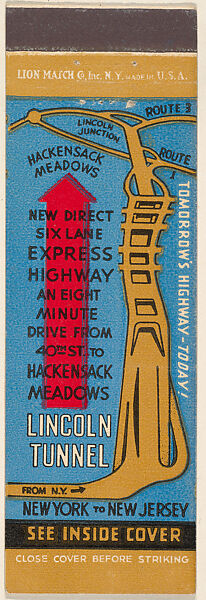 Tomorrow's Highway - Today! from Port Authority of N.Y., Souvenir Views Match Cover series, Lion Match Company, Printed matchbook 