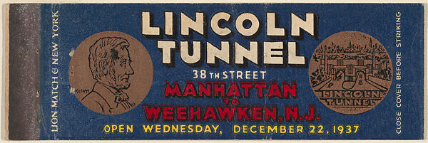 Lincoln Tunnel from Port Authority of N.Y., Souvenir Views Match Cover series, Lion Match Company, Printed matchbook 