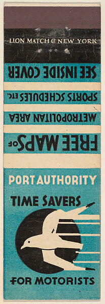 Time Savers for Motorists from Port Authority of N.Y., Souvenir Views Match Cover series, Lion Match Company, Printed matchbook 