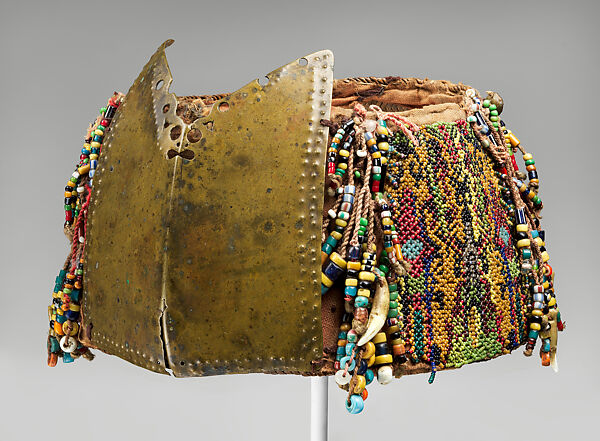 Topi (beaded hat with forehead ornament), Dayak artist, Brass, fiber, cotton trade cloth, glass beads, animal teeth, Dayak people