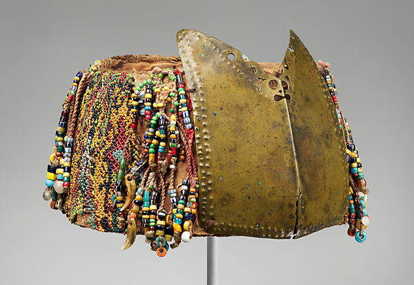 Topi (beaded hat with forehead ornament), Dayak artist, Brass, fiber, cotton trade cloth, glass beads, animal teeth, Dayak people