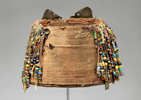 Topi (beaded hat with forehead ornament), Dayak artist, Brass, fiber, cotton trade cloth, glass beads, animal teeth, Dayak people