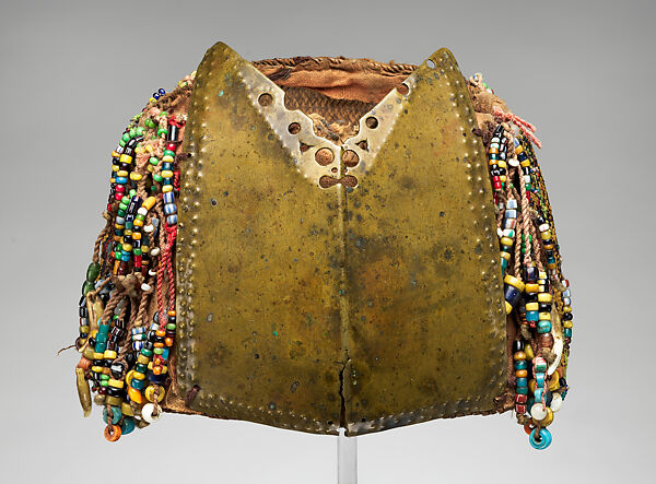 Topi Beaded Hat, Copper-alloy, fiber, cotton trade cloth, glass beads, animal teeth, Dayak people 