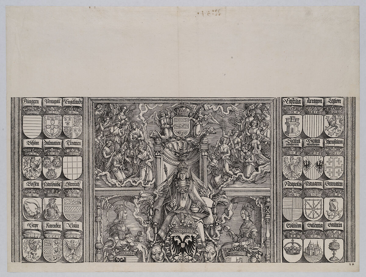 The Emperor Seated on His Throne, Seated Between Joanna of Castile and Mary of Burgundy, Above Are Twenty-two Winged Victories; with Coats of Arms of Maximilian's Noble Relatives, from the Arch of Honor, proof, dated 1515, printed 1517-18, Hans Springinklee (German, ca. 1495–after 1522), Woodcut and letterpress 