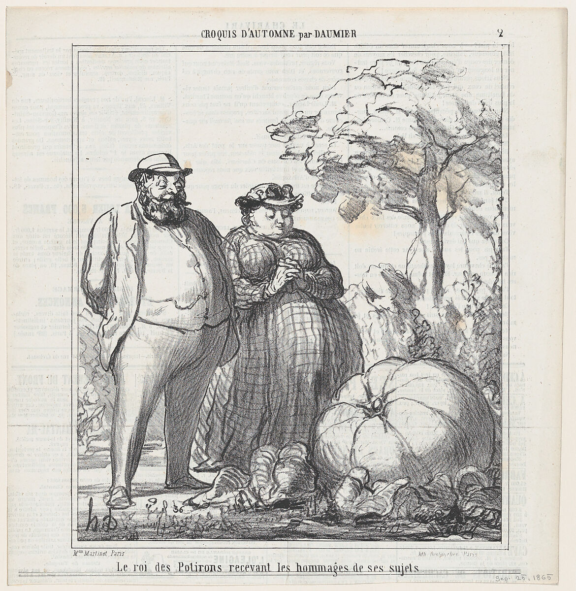The king of pumpkins receiving the homage of his subjects, from 'Autumn sketches,' published in Le Charivari, September 23, 1865, Honoré Daumier (French, Marseilles 1808–1879 Valmondois), Lithograph on newsprint; second state of two (Delteil) 