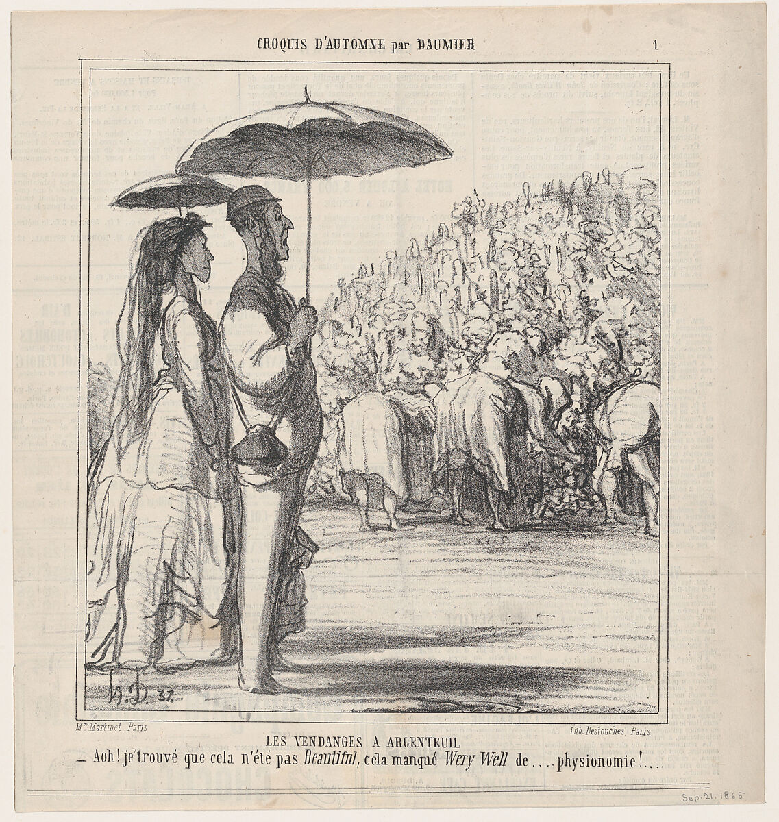 Wine harvest in Argenteuil, from 'Autumn sketches,' published in Le Charivari, September 21, 1865, Honoré Daumier (French, Marseilles 1808–1879 Valmondois), Lithograph on newsprint; second state of two (Delteil) 