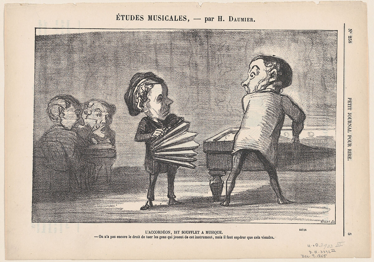 The accordion: "A Blow to Music," from 'Musical studies,' published in Le Petit Journal pour Rire, December 9, 1865, Honoré Daumier (French, Marseilles 1808–1879 Valmondois), Lithograph on newsprint; third state of three (Delteil) 