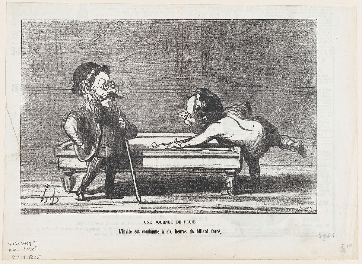 A rainy day: The guest is condemned to six hours of billiards, from 'The joys of country life,' published in Le Charivari, October 4, 1865, Honoré Daumier (French, Marseilles 1808–1879 Valmondois), Lithograph on newsprint; second state of two (Delteil) 
