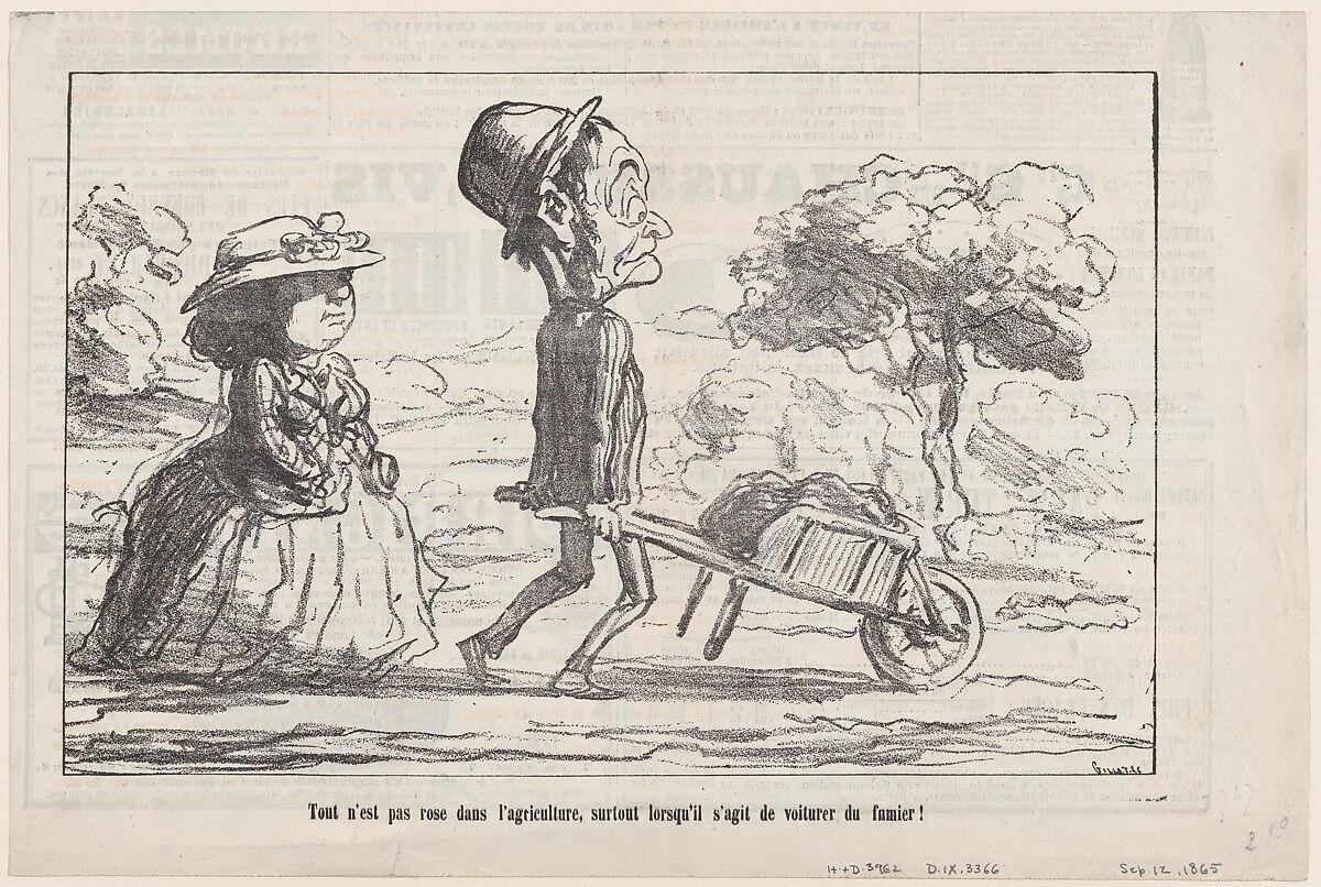 Not everything in country life smells like roses... especially when having to take care of the manure, from 'The joys of country life,' published in Le Charivari, September 12, 1865, Honoré Daumier (French, Marseilles 1808–1879 Valmondois), Lithograph on newsprint; second state of two (Delteil) 