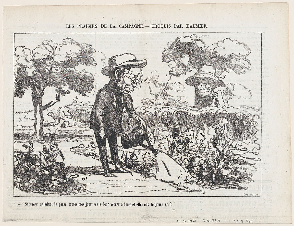 Wretched lettuce... I am spending entire days watering it and it is still thirsty, from 'The joys of country life,' published in Le Charivari, October 4, 1865, Honoré Daumier (French, Marseilles 1808–1879 Valmondois), Lithograph on newsprint; second state of two (Delteil) 