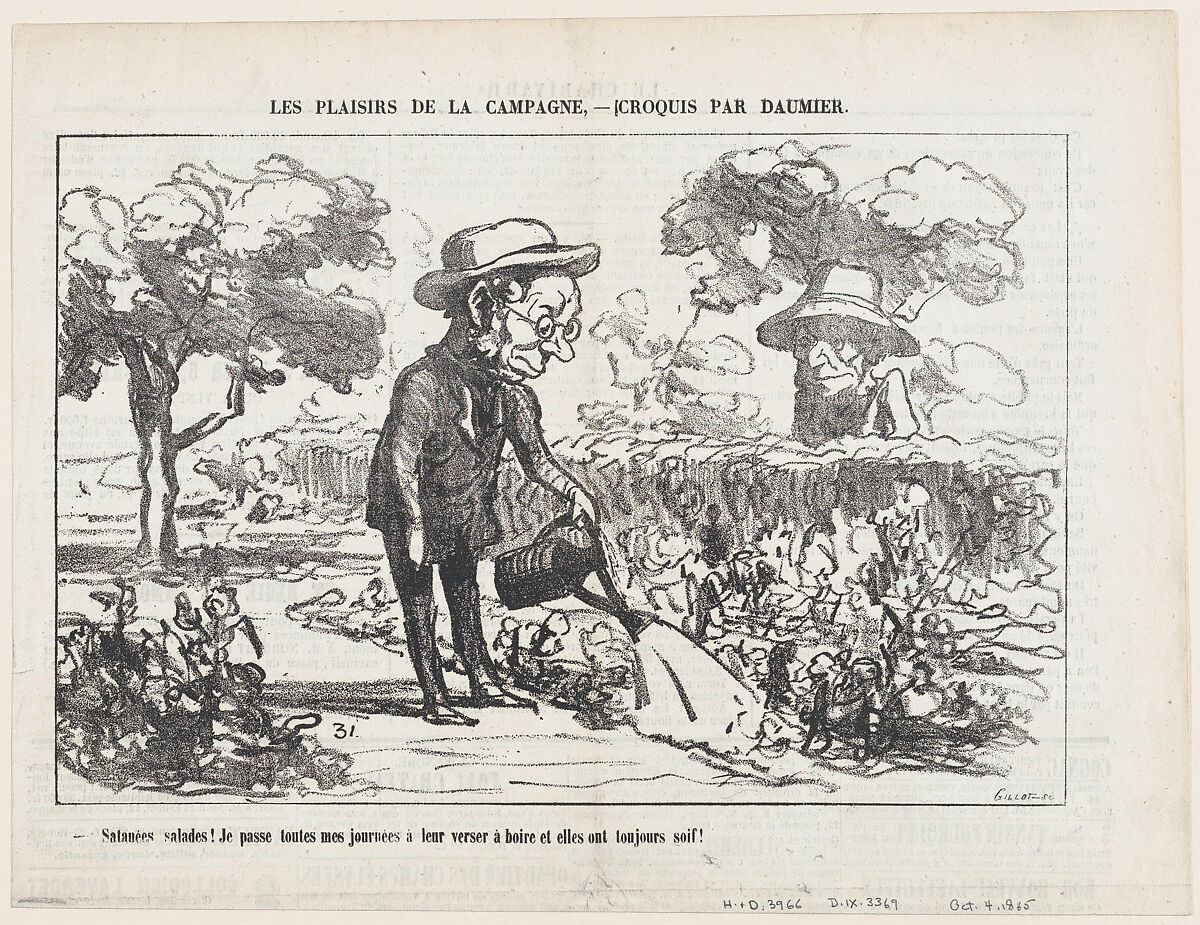 Wretched lettuce... I am spending entire days watering it and it is still thirsty, from "The joys of country life", Honoré Daumier (French, Marseilles 1808–1879 Valmondois), Lithograph on newsprint; second state of two (Delteil) 