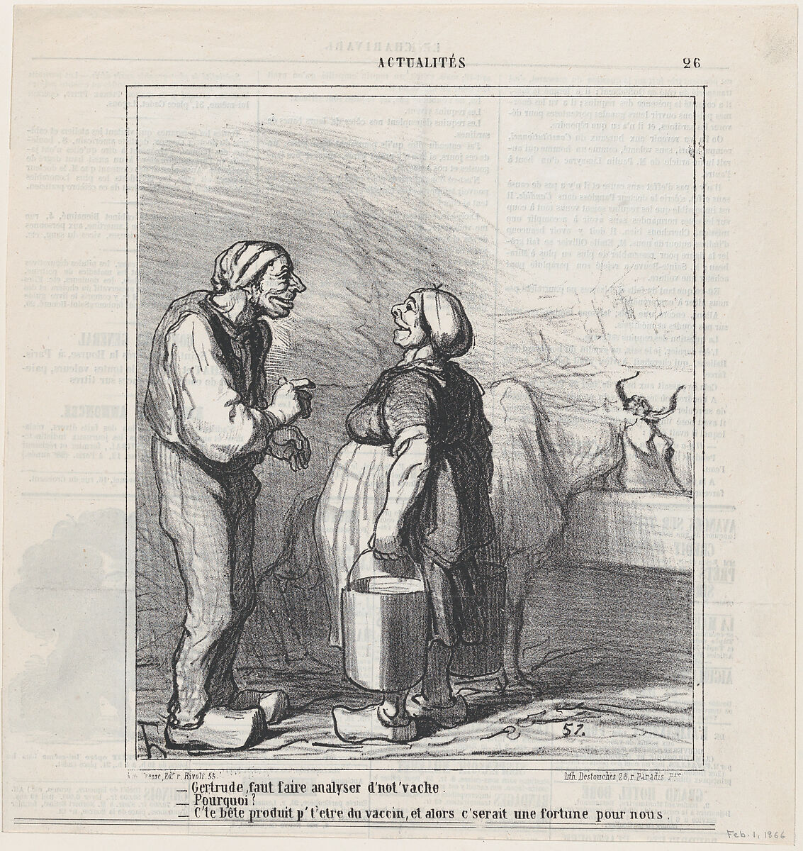 Gertrude, we need to have our cow analyzed, from 'News of the day,' published in Le Charivari, February 1, 1866, Honoré Daumier (French, Marseilles 1808–1879 Valmondois), Lithograph on newsprint; second state of two (Delteil) 