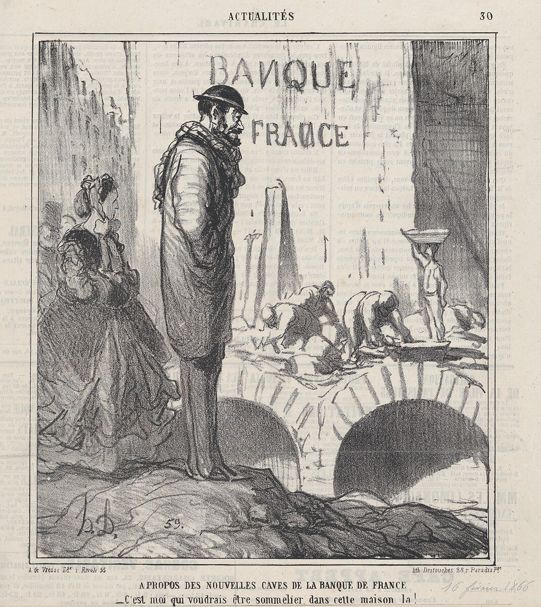 About the Bank of France's new cellars: I wouldn't mind being the sommelier in that house!, from 'News of the day,' published in Le Charivari, February 16, 1866, Honoré Daumier (French, Marseilles 1808–1879 Valmondois), Lithograph on newsprint; second state of two (Delteil) 