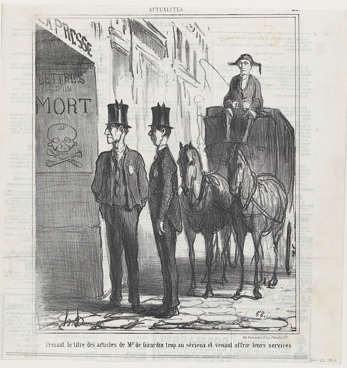 Taking the headlines of Monsieur de Girardin too seriously and coming to offer their services, from 'News of the day,' published in Le Charivari, January 23, 1866, Honoré Daumier (French, Marseilles 1808–1879 Valmondois), Lithograph on newsprint; second state of two (Delteil) 