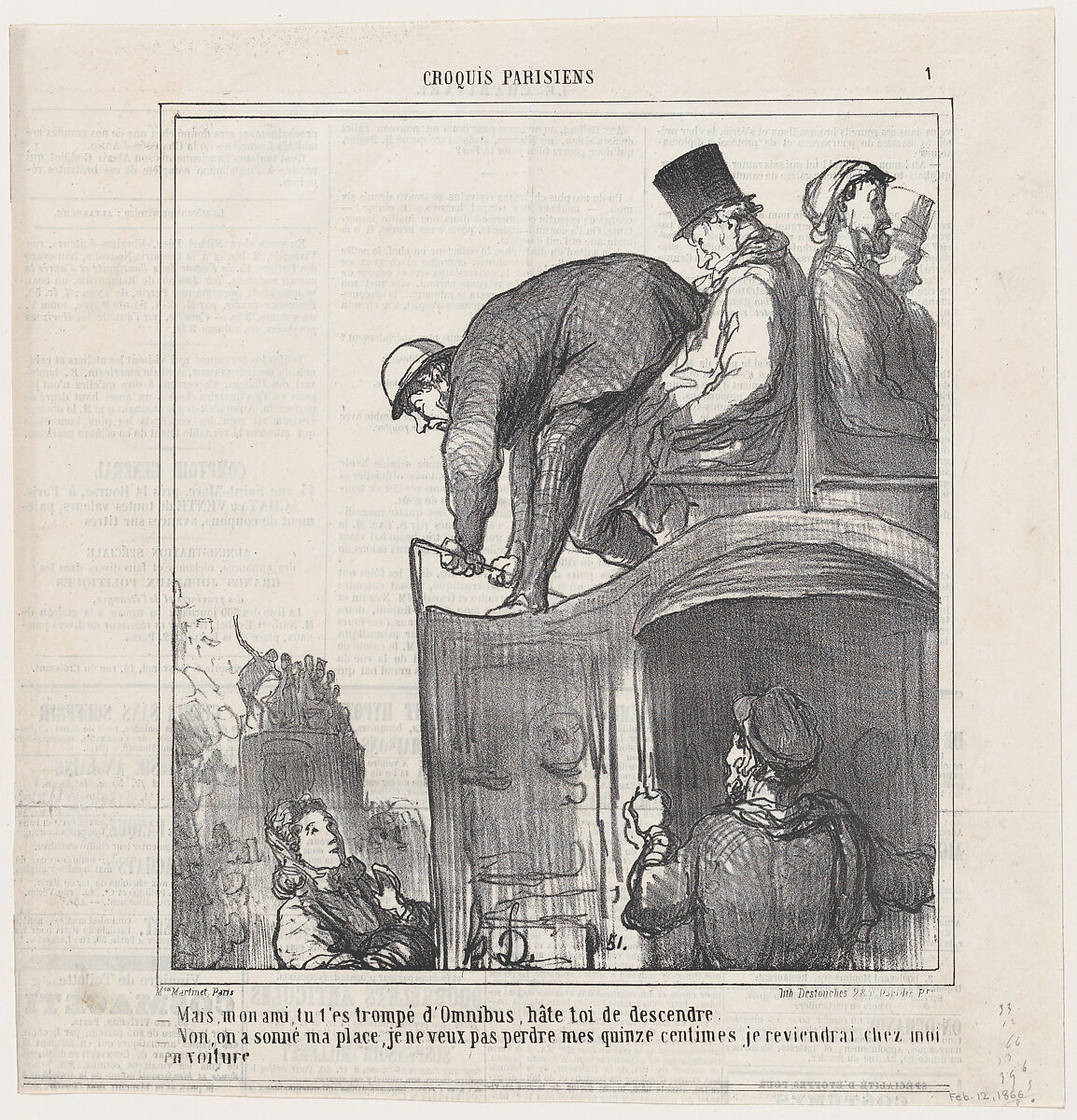 My friend, you have taken the wrong bus, get out quickly!, from 'Parisian sketches,' published in Le Charivari, February 12, 1866, Honoré Daumier (French, Marseilles 1808–1879 Valmondois), Lithograph on newsprint; second state of two (Delteil) 