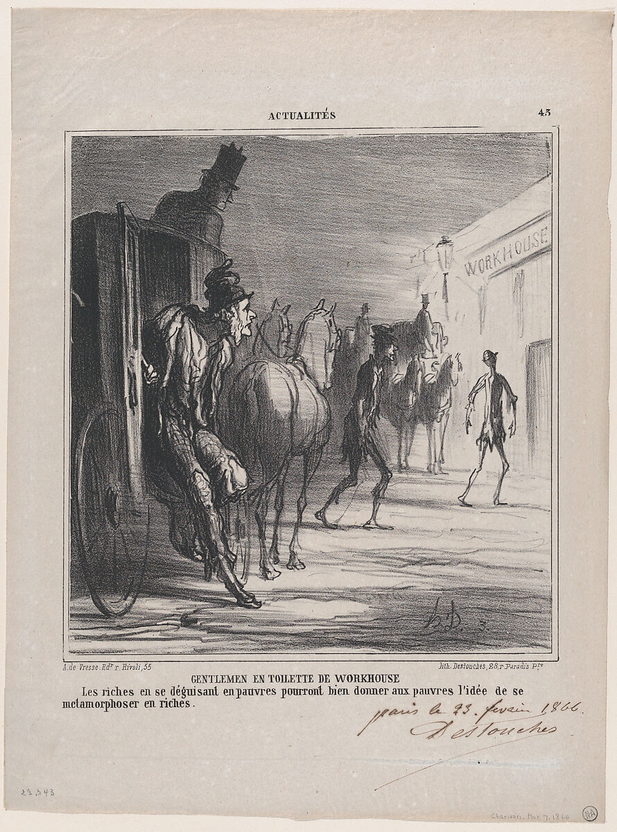 Gentlemen in workhouse clothes: If the rich are disguising themselves as poor, one might get the idea that the poor might transform themselves into the rich, from 'News of the day', Honoré Daumier (French, Marseilles 1808–1879 Valmondois), Lithograph; second state of two, proof (Delteil) 