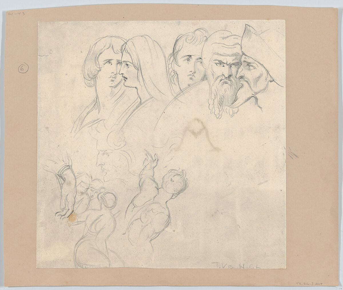 A group of five heads with other studies, Theodor Richard Edward von Holst (British, London 1810–1844 London), Graphite 
