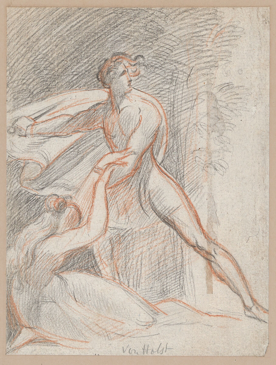 Man holding a dagger next to a reclining woman, Theodor Richard Edward von Holst (British, London 1810–1844 London), Graphite, red chalk and brush and wash 
