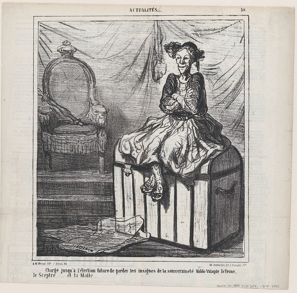 Entrusted with guarding the Insignia of Wallachian sovereignty until the forthcoming election: the throne, the sceptre ... and the trunk., from 'News of the day,' published in Le Charivari, March 30, 1866, Honoré Daumier (French, Marseilles 1808–1879 Valmondois), Lithograph on newsprint; fourth state of four (Delteil) 
