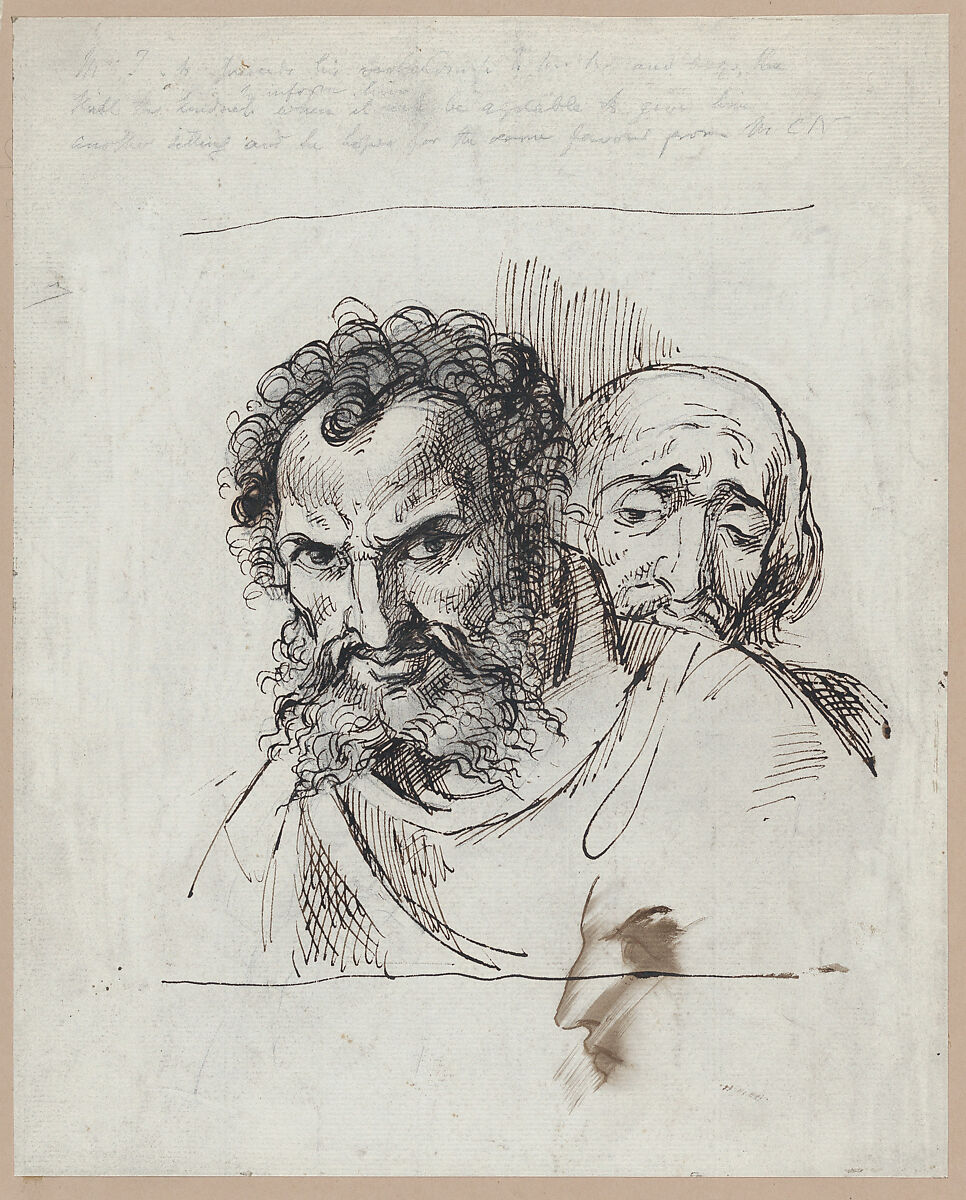 Two male heads, Theodor Richard Edward von Holst (British, London 1810–1844 London), Pen and ink, brush and wash, over graphite 