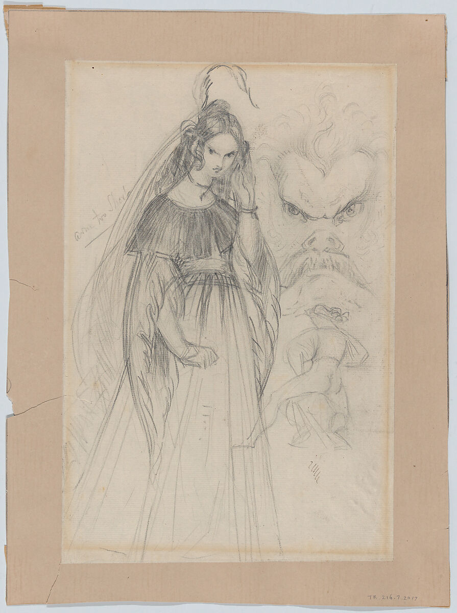 A Femme Fatale, a mask-like male face, and male figure seen from behind (recto). An angel descending stairs (verso), Theodor Richard Edward von Holst (British, London 1810–1844 London), Graphite 