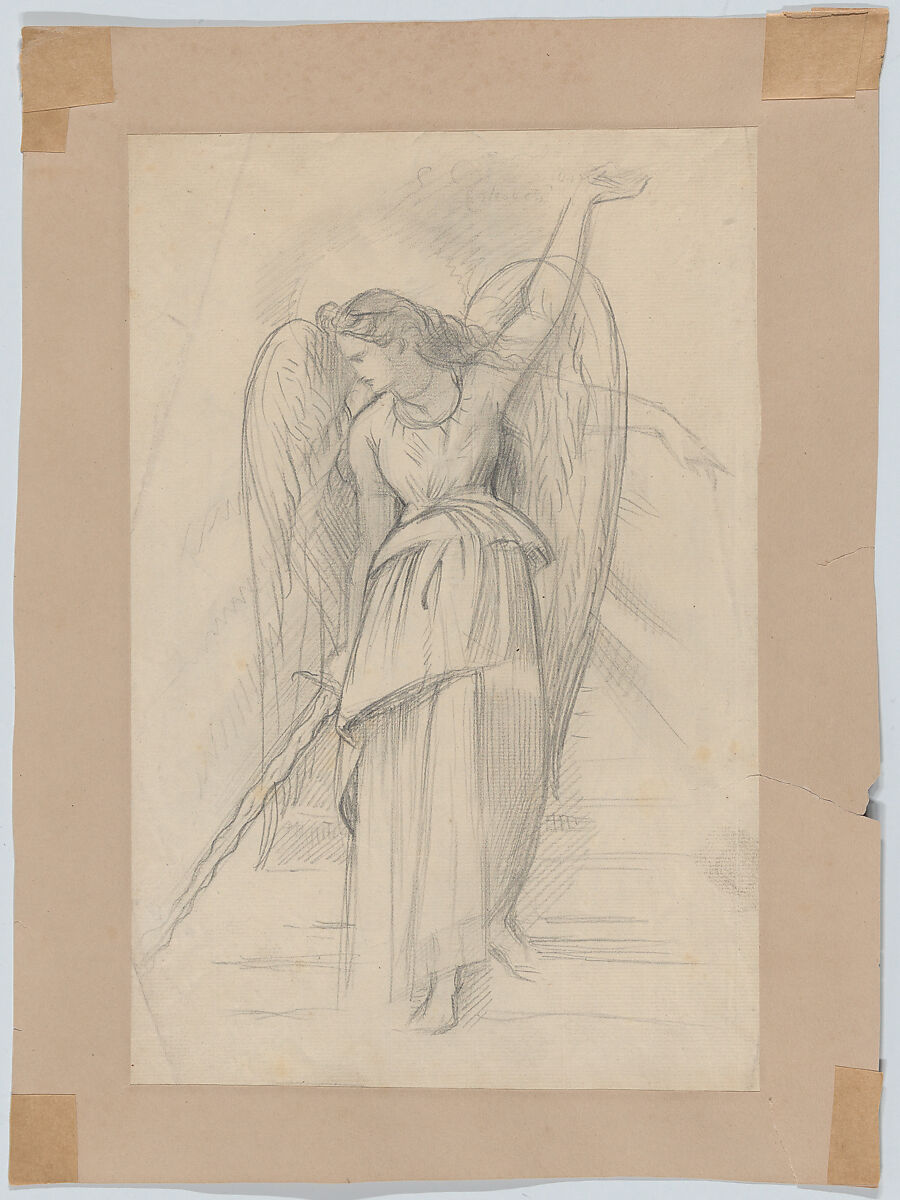 A Femme Fatale, a mask-like male face, and male figure seen from behind (recto). An angel descending stairs (verso), Theodor Richard Edward von Holst (British, London 1810–1844 London), Graphite