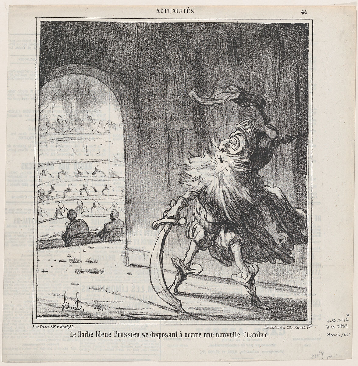 The Prussian bluebeard getting ready to finish off another new Chamber of Deputies, from 'News of the day,' published in Le Charivari, March 13, 1866, Honoré Daumier (French, Marseilles 1808–1879 Valmondois), Lithograph on newsprint; third state of three (Delteil) 