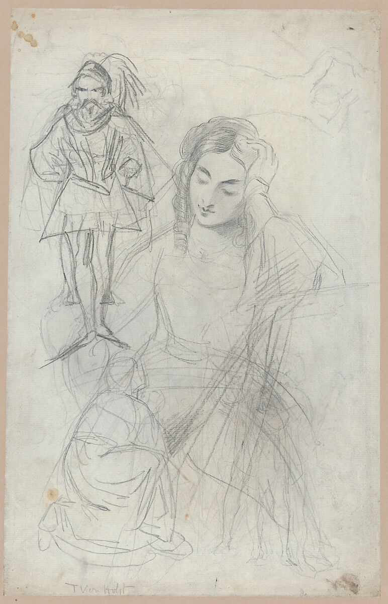 A nude youth on horseback, a male nude with raised arm, and a cloaked bearded man (recto). A sleeping girl and a man in medieval dress (verso), Theodor Richard Edward von Holst (British, London 1810–1844 London), Pen and ink and graphite (recto); graphite (verso)