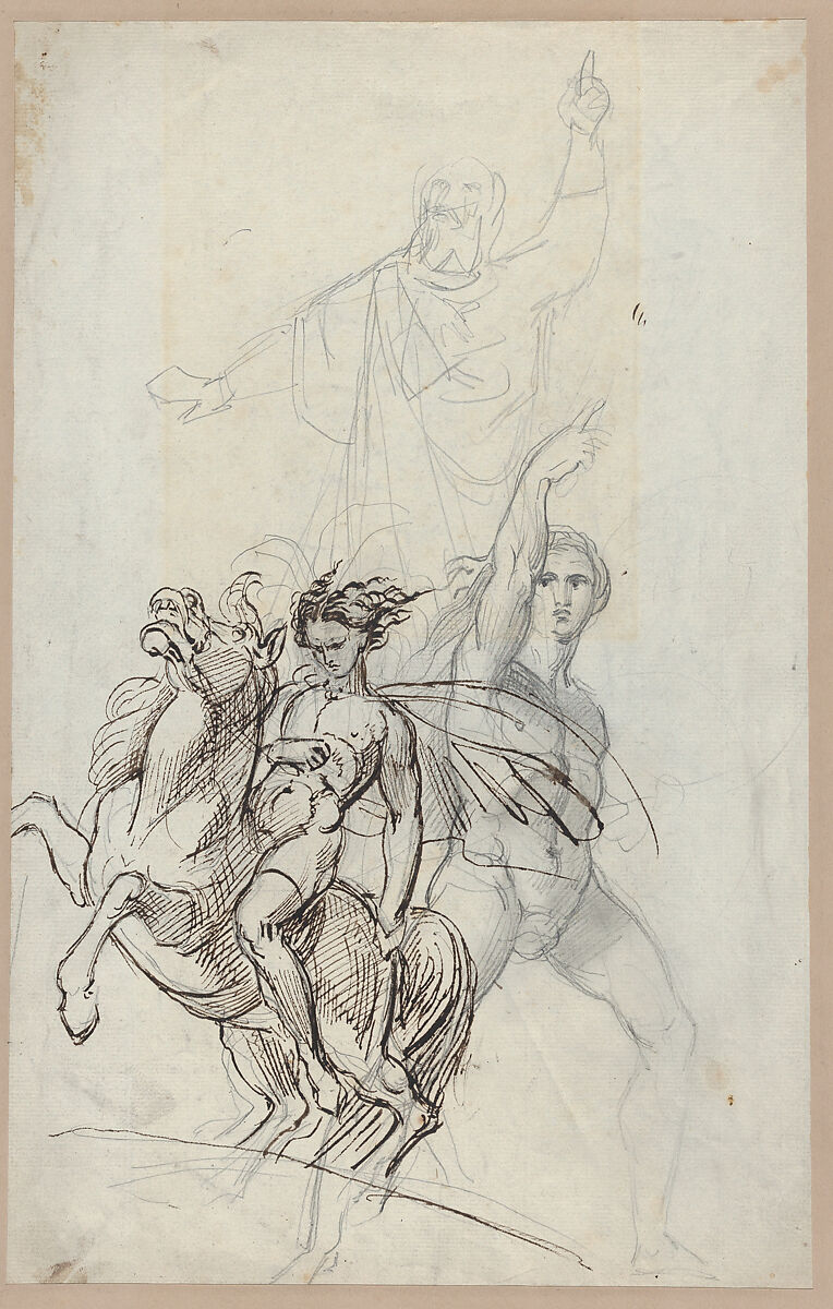 A nude youth on horseback, a male nude with raised arm, and a cloaked bearded man (recto). A sleeping girl and a man in medieval dress (verso), Theodor Richard Edward von Holst (British, London 1810–1844 London), Pen and ink and graphite (recto); graphite (verso) 