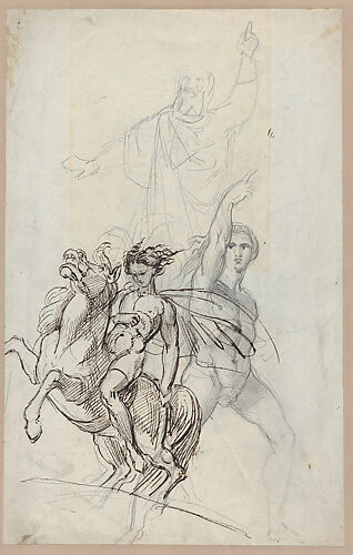 A nude youth on horseback, a male nude with raised arm, and a cloaked bearded man (recto). A sleeping girl and a man in medieval dress (verso)
