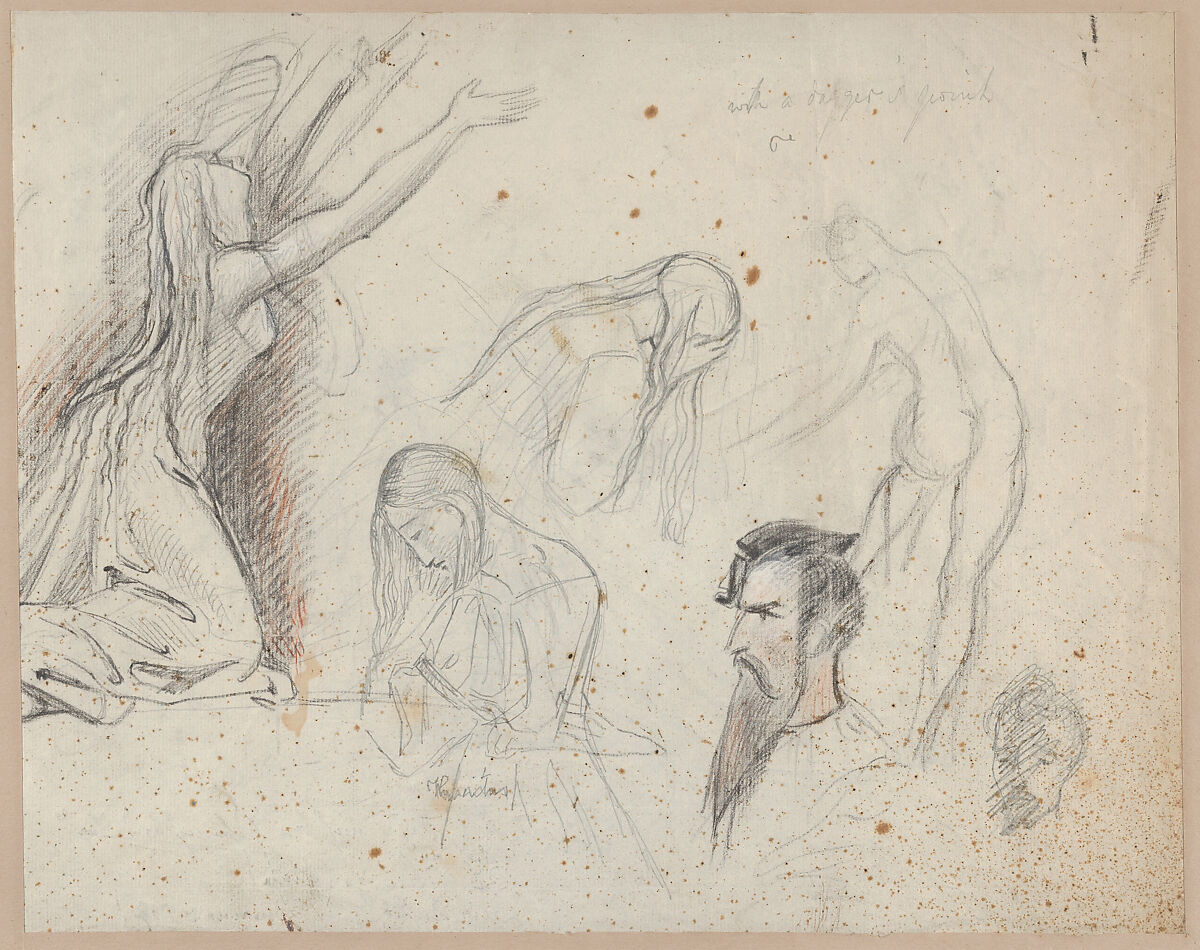 Gretchen in prayer before the Mater Dolorosa (recto). Studies of a Gretchen, a bearded male head, and other figures (verso), Theodor Richard Edward von Holst (British, London 1810–1844 London), Black and red chalk