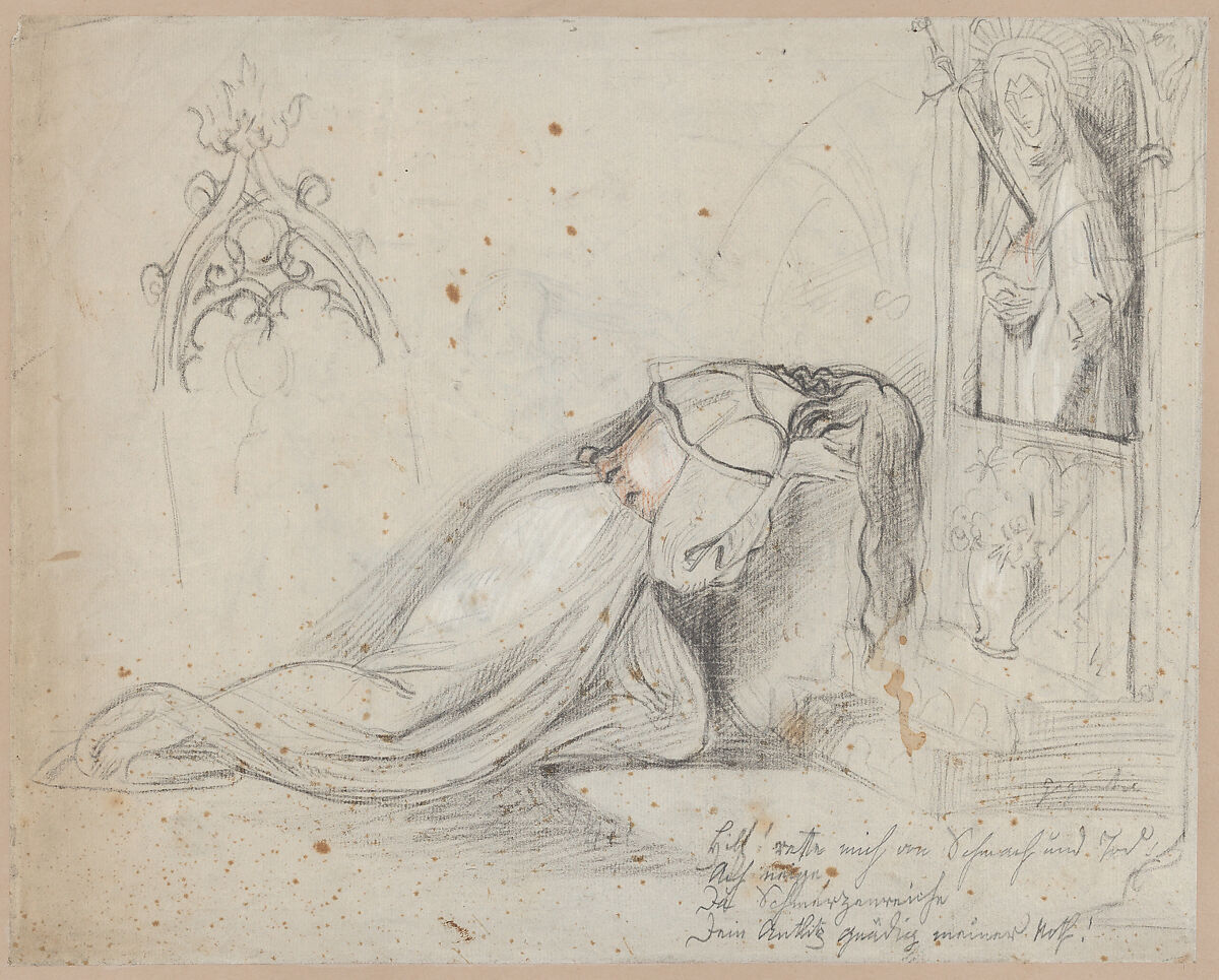 Gretchen in prayer before the Mater Dolorosa (recto). Studies of a Gretchen, a bearded male head, and other figures (verso), Theodor Richard Edward von Holst (British, London 1810–1844 London), Black and red chalk 