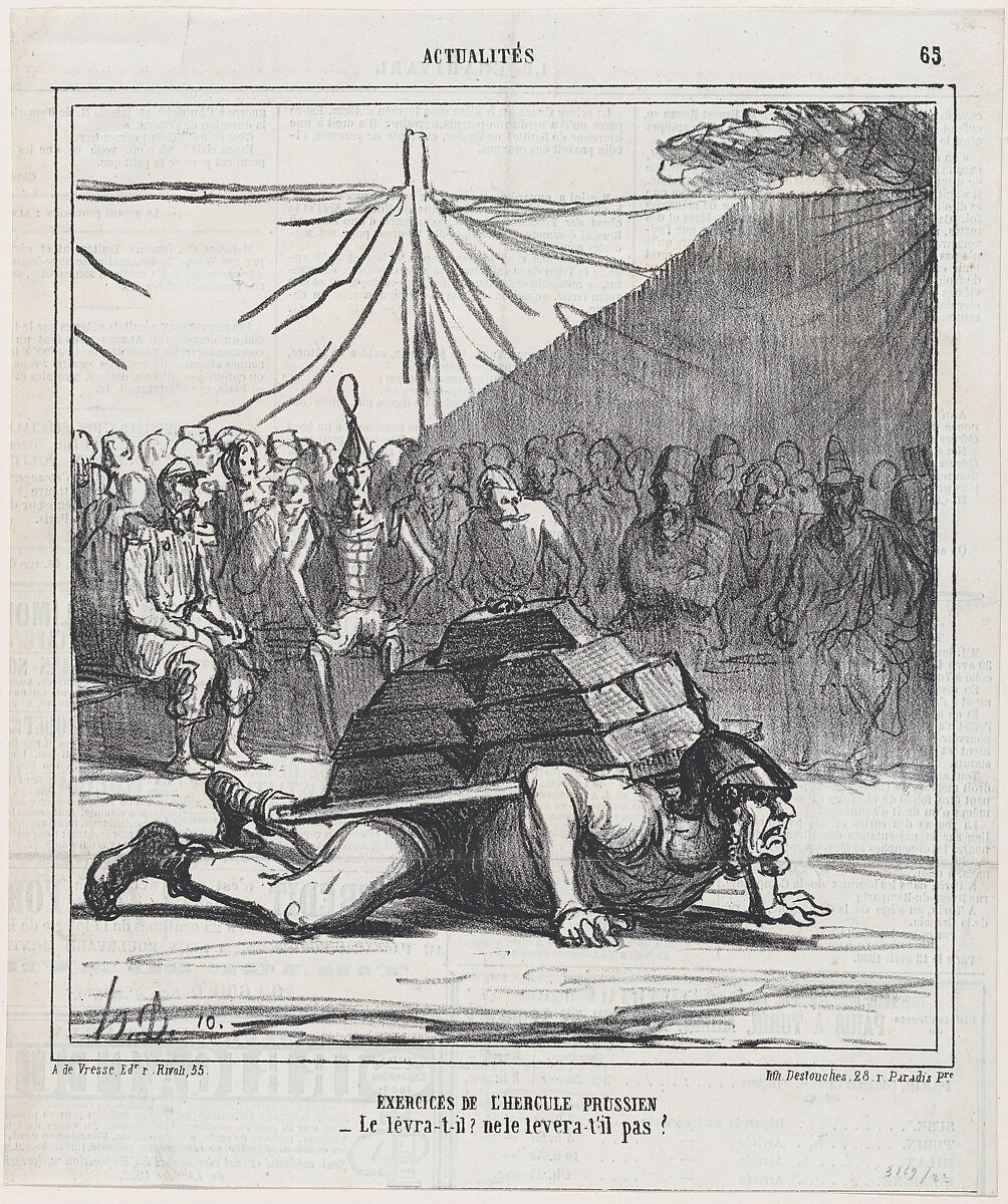 Exercises of the Prussian Hercules: Will he or won't he be able to lift it up?, from 'News of the day,' published in "Le Charivari", Honoré Daumier (French, Marseilles 1808–1879 Valmondois), Lithograph on newsprint; third state of three (Delteil) 