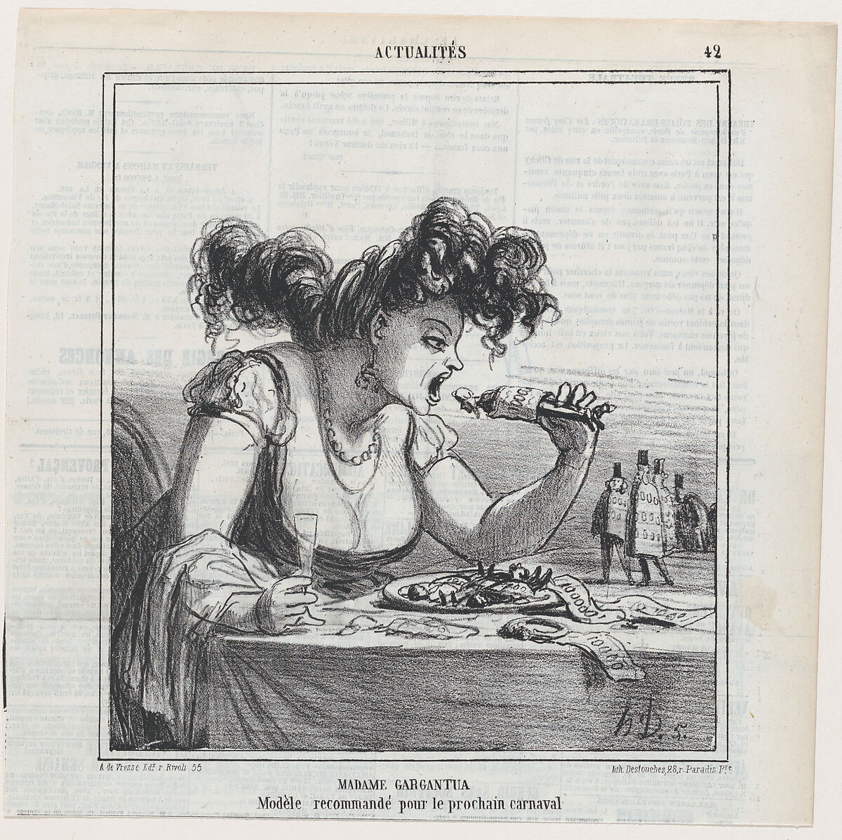 Madame Gargantua: A model, recommended for the next carnival, from "News of the day", Honoré Daumier (French, Marseilles 1808–1879 Valmondois), Lithograph on newsprint; second state of two (Delteil) 