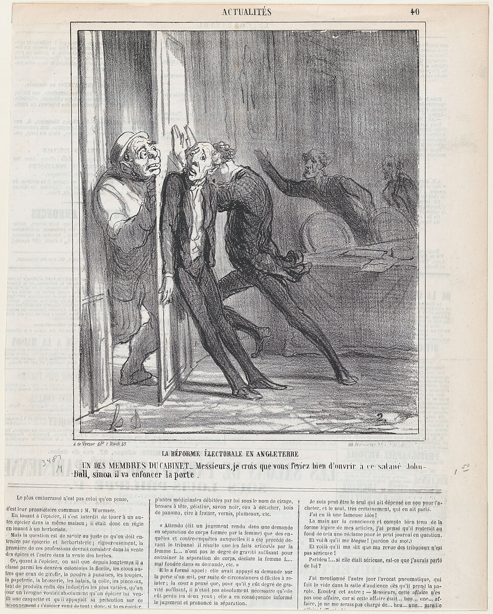 Election reform in England, from 'News of the day,' published in Le Charivari, February 26, 1866, Honoré Daumier (French, Marseilles 1808–1879 Valmondois), Lithograph on newsprint 