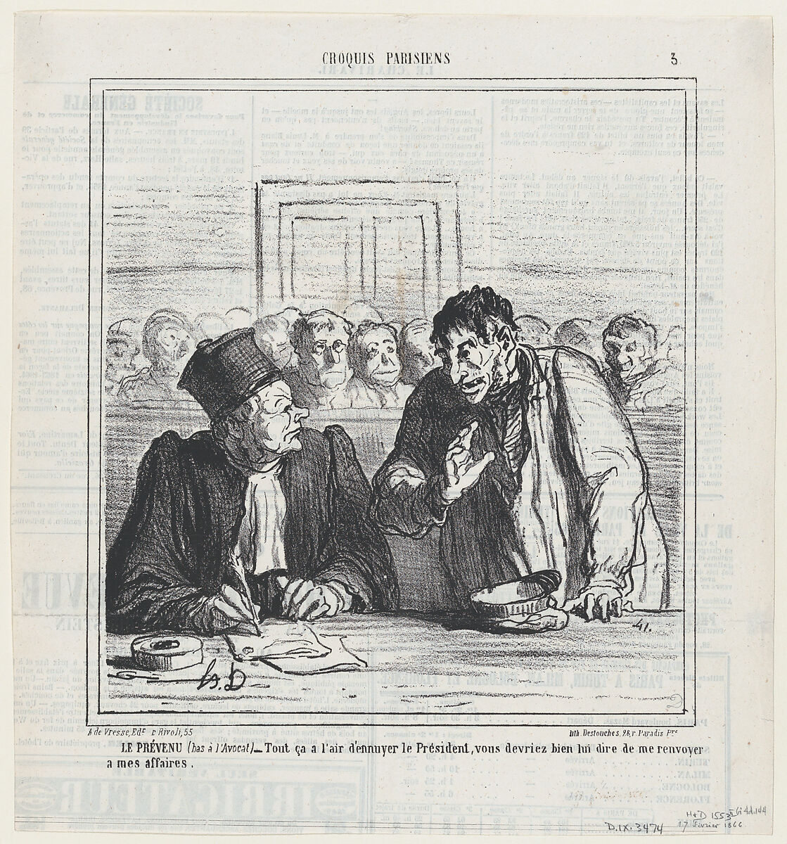 The defendant (whispering to his lawyer): All this seems to bore the president. Why don't you just suggest to simply let me go home, from 'Parisian sketches,' published in Le Charivari, February 17, 1866, Honoré Daumier (French, Marseilles 1808–1879 Valmondois), Lithograph on newsprint; second state of two (Delteil) 