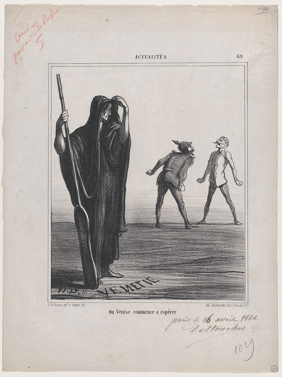 Venice begins to hope, from 'News of the day,' published in Le Charivari, April 24, 1866, Honoré Daumier (French, Marseilles 1808–1879 Valmondois), Lithograph and pen and brown ink on newsprint; second state of two, proof (Delteil) 