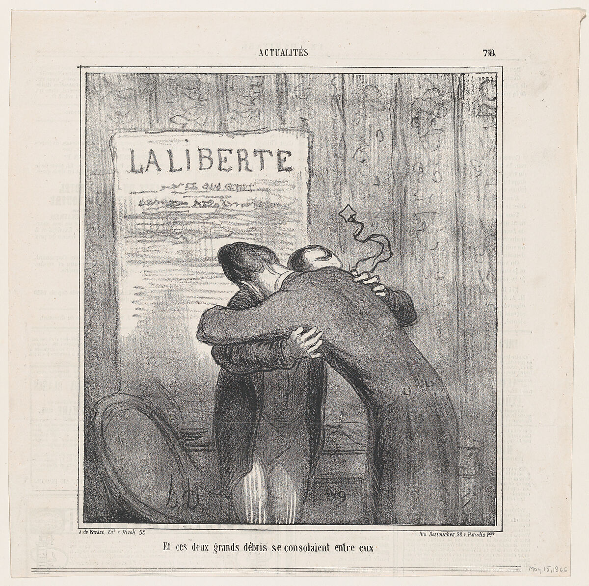 And these two old wrecks consoled each other, from 'News of the day,' published in Le Charivari, May 15, 1866, Honoré Daumier (French, Marseilles 1808–1879 Valmondois), Lithograph on newsprint; second state of two (Delteil) 